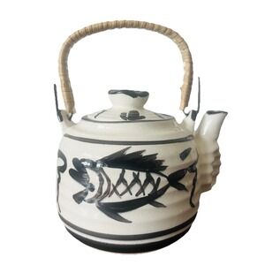 Vintage Hand Painted Fish‎ Ceramic Teapot with Bamboo Handle Cream Black Crackle
